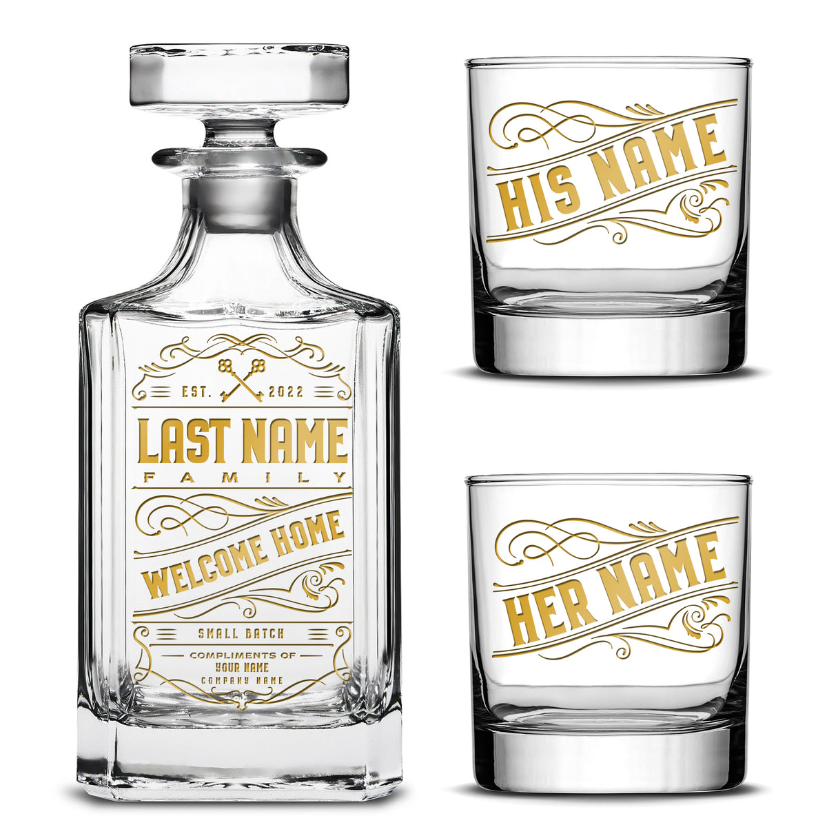 Customizable Welcome Home Diamond Decanter with Set of 2 Custom Whiskey Glasses, Laser Etched or Hand Etched