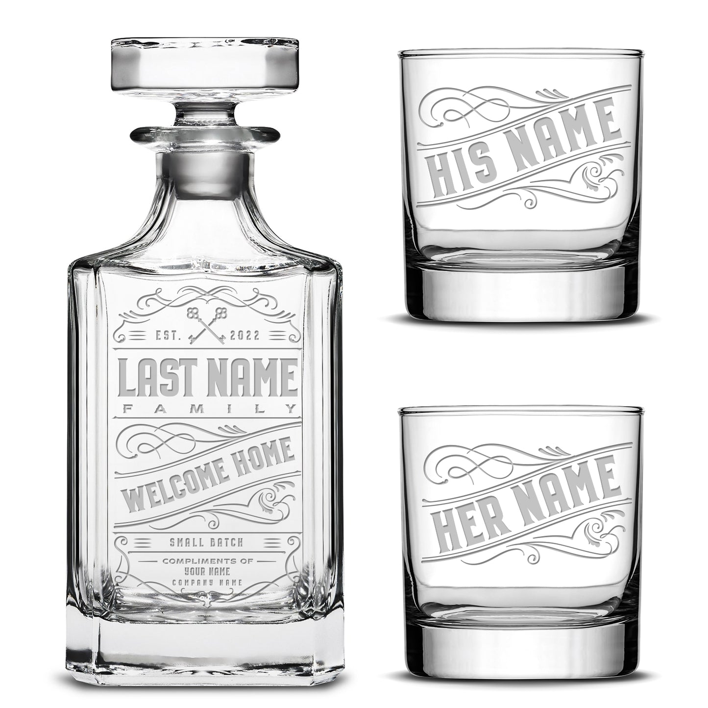 Customizable Welcome Home Diamond Decanter with Set of 2 Custom Whiskey Glasses, Laser Etched or Hand Etched