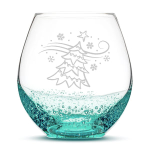 Bubble Wine Glass, Windy Christmas Tree, Laser Etched or Hand Etched, 18oz