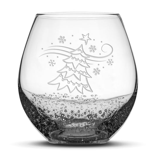 Bubble Wine Glass, Windy Christmas Tree, Laser Etched or Hand Etched, 18oz