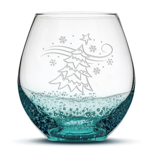 Bubble Wine Glass, Windy Christmas Tree, Hand Etched, 18oz