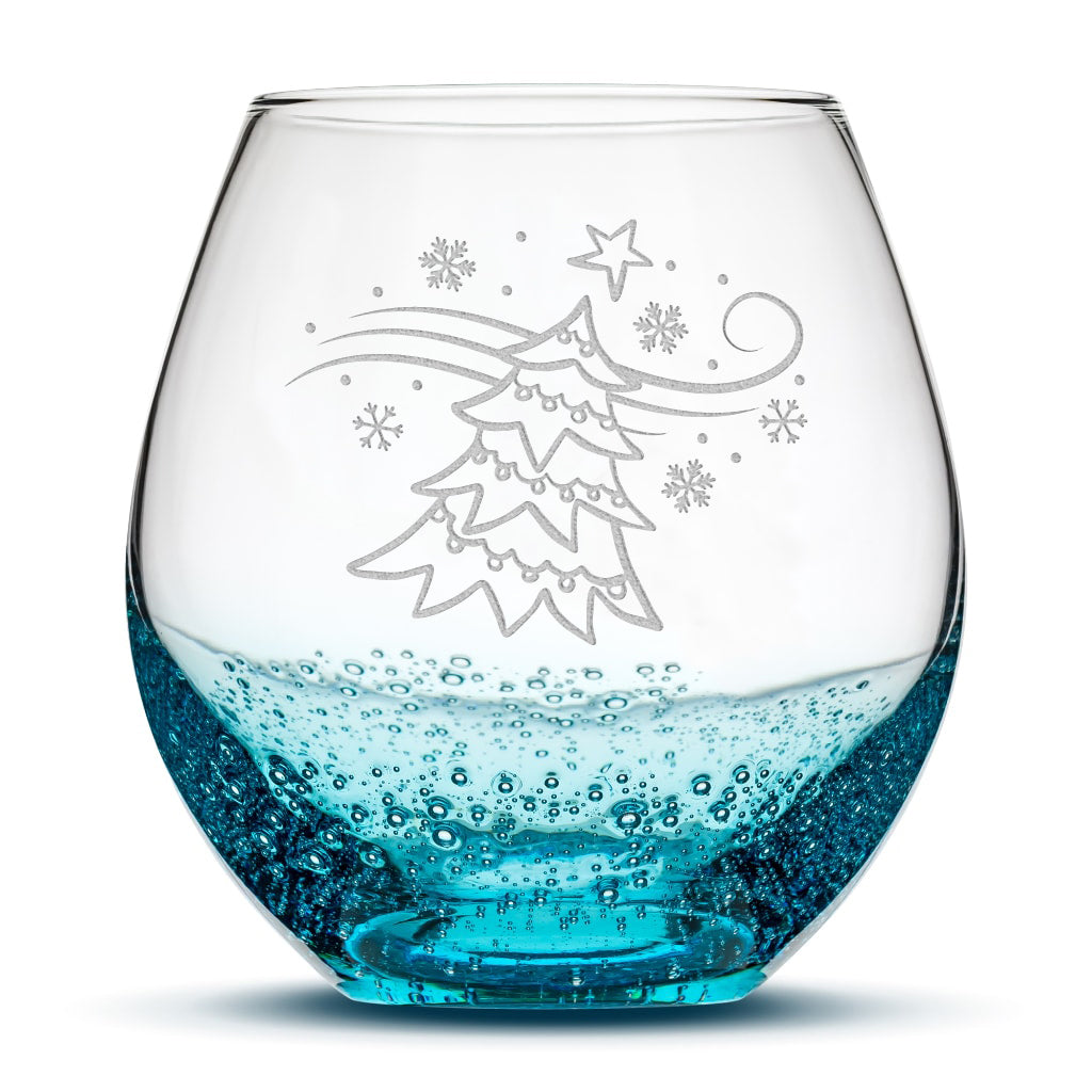 Bubble Wine Glass, Windy Christmas Tree, Laser Etched or Hand Etched, 18oz