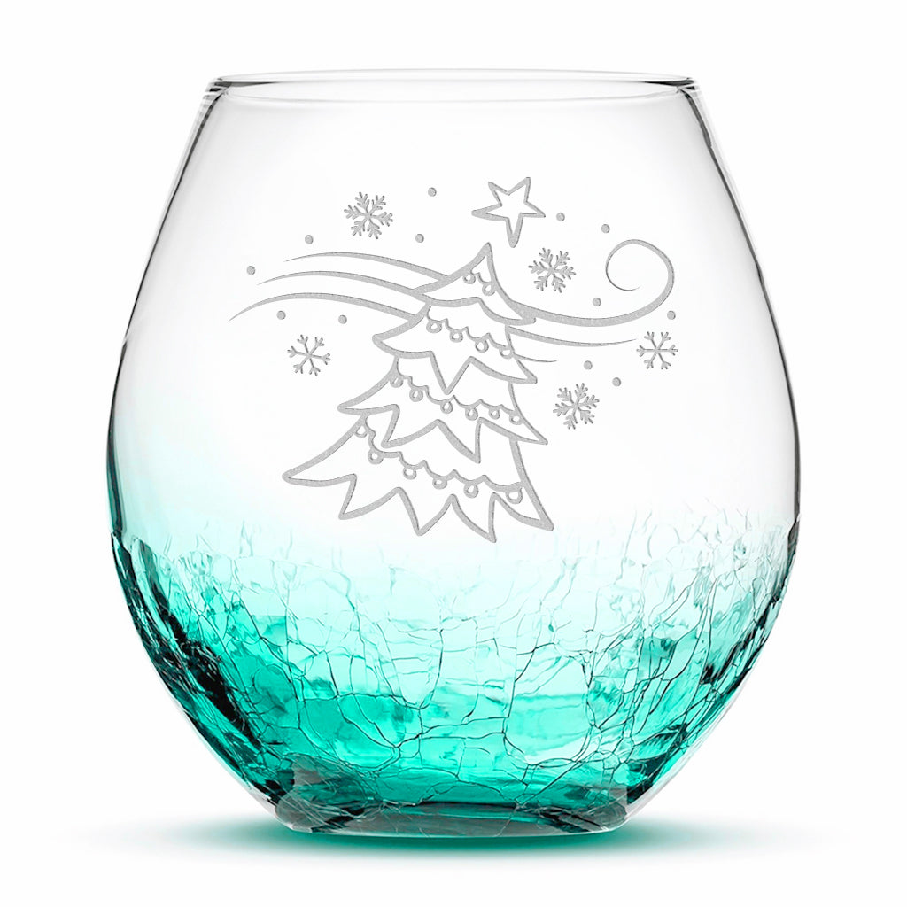 Crackle Wine Glass, Windy Christmas Tree, Laser Etched or Hand Etched, 18oz