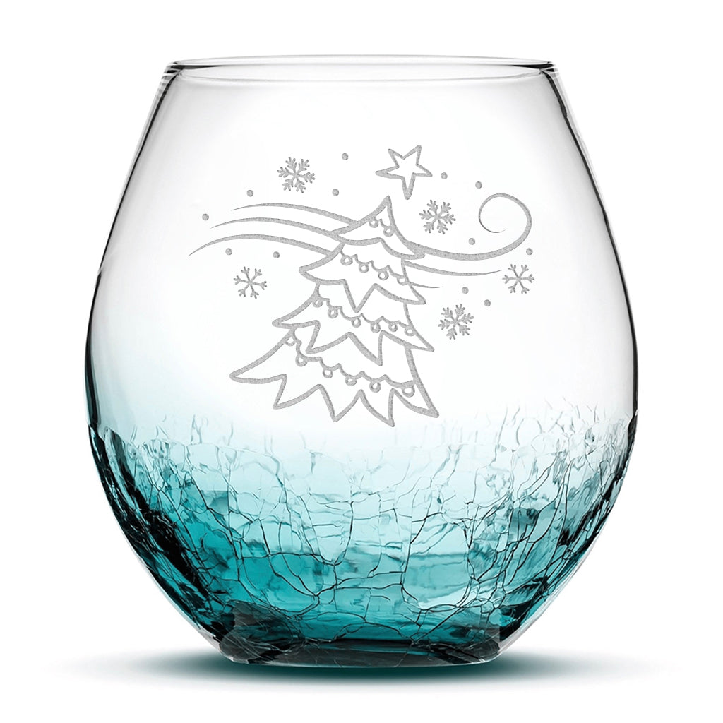 Crackle Wine Glass, Windy Christmas Tree, Laser Etched or Hand Etched, 18oz