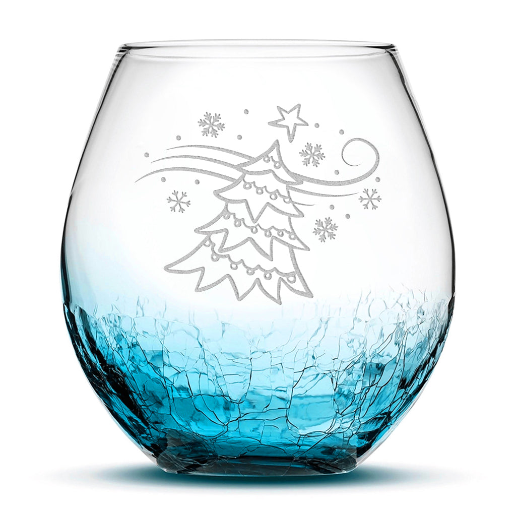 Crackle Wine Glass, Windy Christmas Tree, Laser Etched or Hand Etched, 18oz