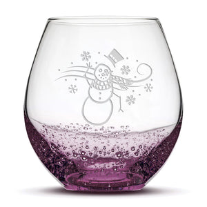 Less Than Perfect Bubble Wine Glass, Windy Snowman, Hand Etched, 18oz