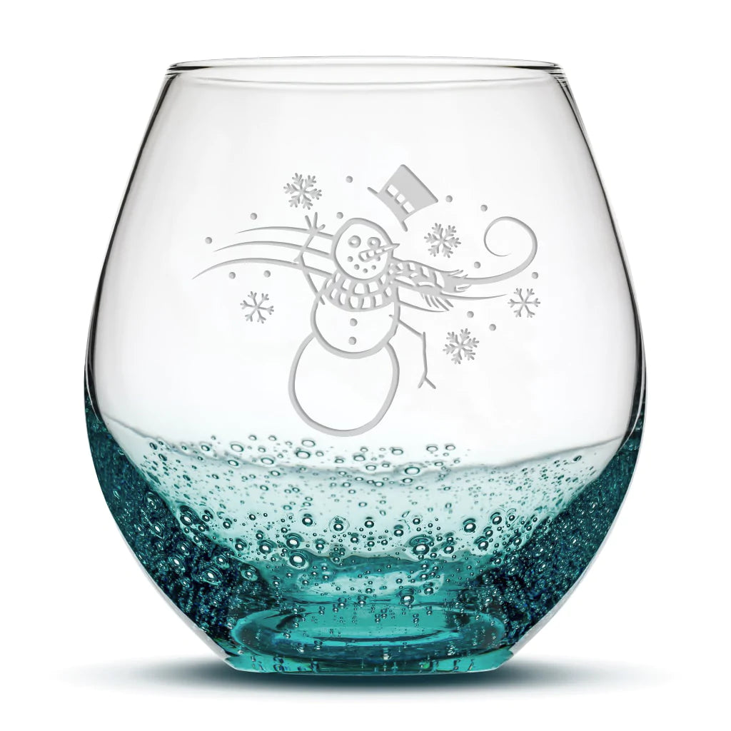 Less Than Perfect Bubble Wine Glass, Windy Snowman, Laser Etched or Hand Etched, 18oz