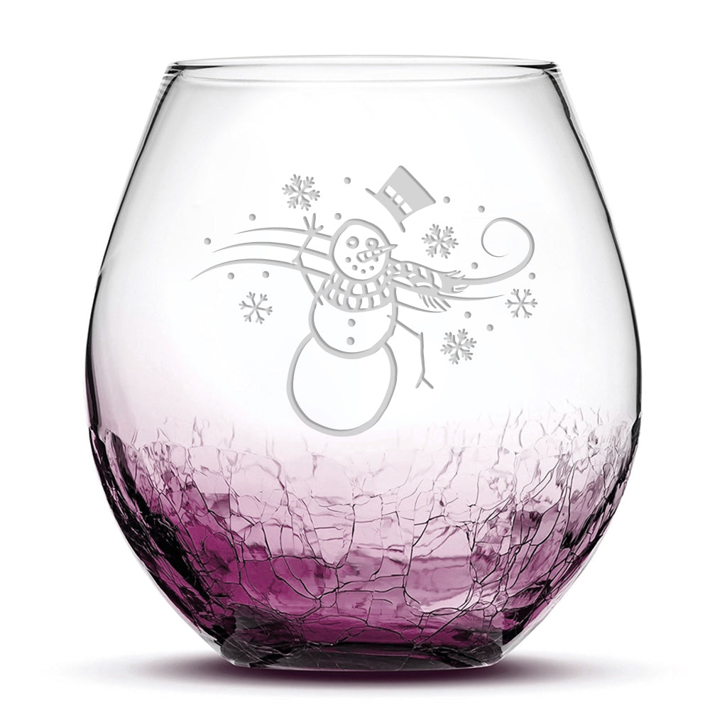 Crackle Wine Glass, Windy Snowman, Laser Etched or Hand Etched, 18oz