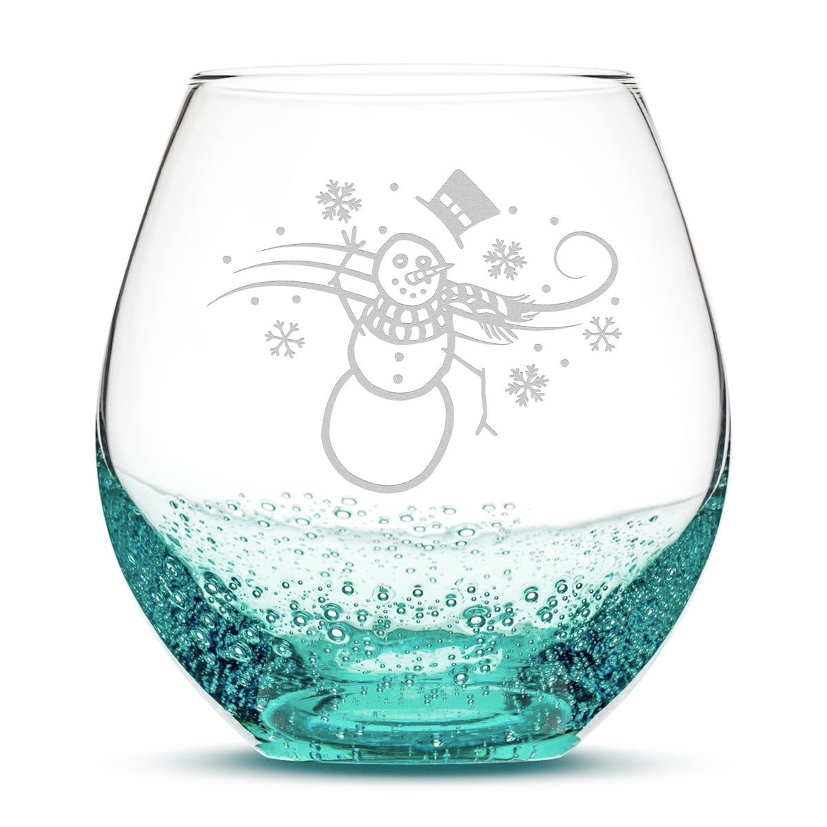 Bubble Wine Glass, Windy Snowman, Laser Etched or Hand Etched, 18oz