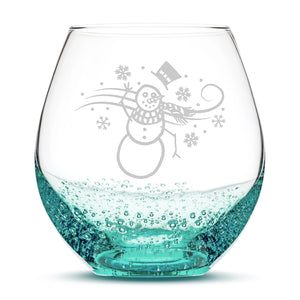 Bubble Wine Glass, Windy Snowman, Laser Etched or Hand Etched, 18oz