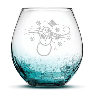 Crackle Wine Glass, Windy Snowman, Hand Etched, 18oz