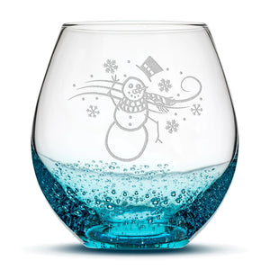 Less Than Perfect Bubble Wine Glass, Windy Snowman, Laser Etched or Hand Etched, 18oz