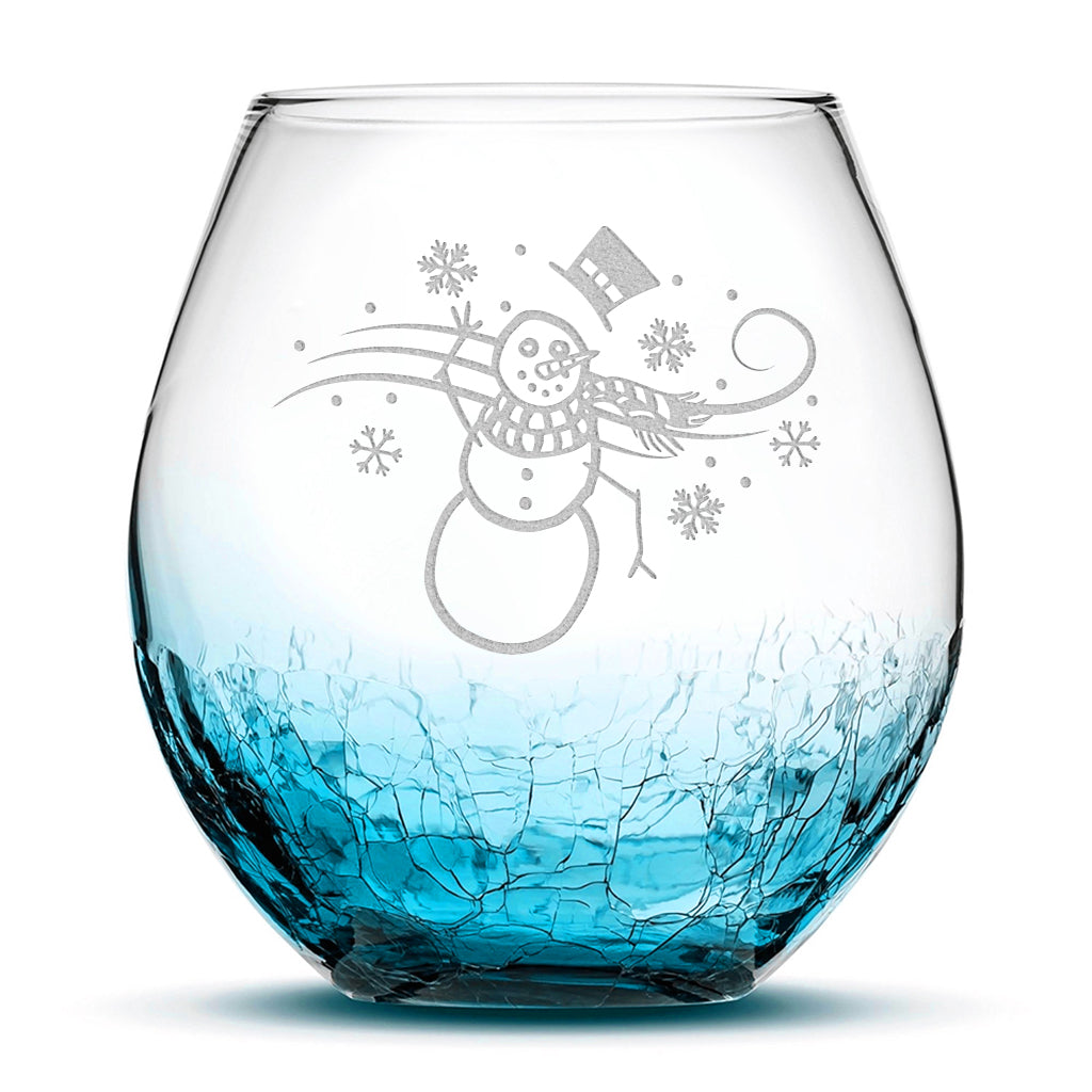 Crackle Wine Glass, Windy Snowman, Laser Etched or Hand Etched, 18oz