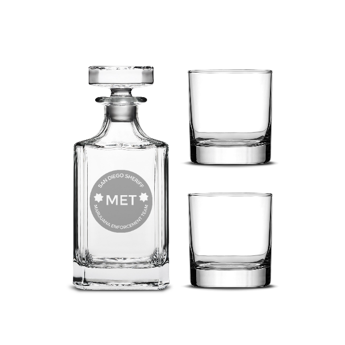 Customizable Diamond Decanter with Set of 2 Custom Whiskey Glasses, Laser Etched or Hand Etched