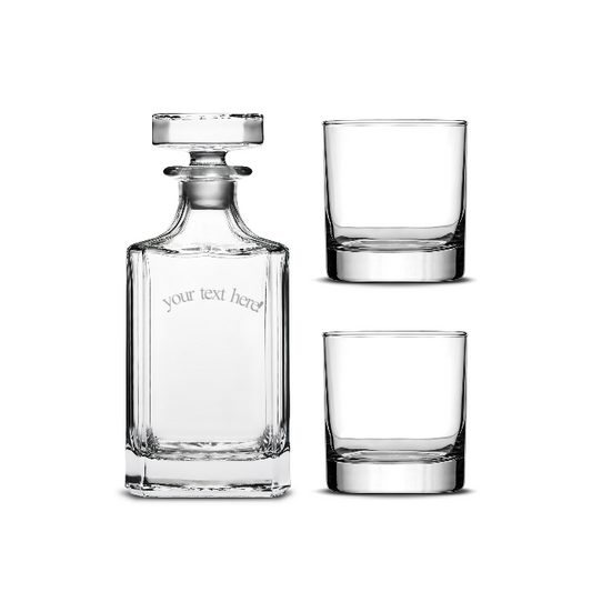 Integrity Bottles, Jack Daniel's, Premium Refillable Diamond Style Liquor Decanter and (Set of 2) Premium Whiskey Glasses, Handmade, Handblown, Hand Etched Gifts, Sand Carved, 750ml, Laser Etched or Hand Etched