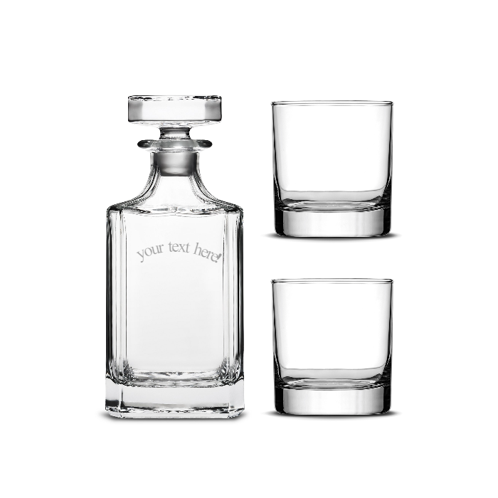 Integrity Bottles, Jack Daniel's, Premium Refillable Diamond Style Liquor Decanter and (Set of 2) Premium Whiskey Glasses, Handmade, Handblown, Hand Etched Gifts, Sand Carved, 750ml, Laser Etched or Hand Etched