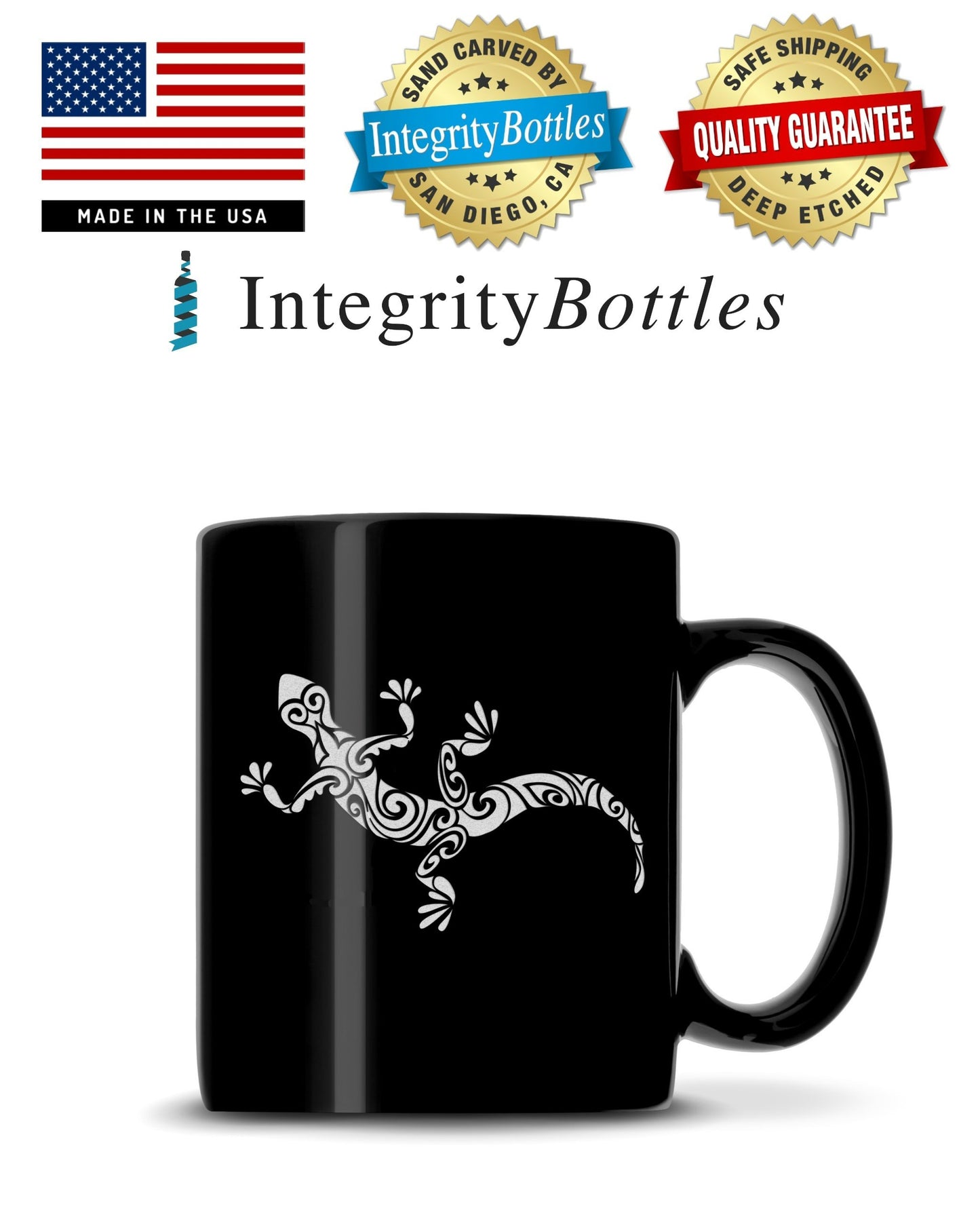 Black Coffee Mug with Gecko Design, Deep Etched by Integrity Bottles