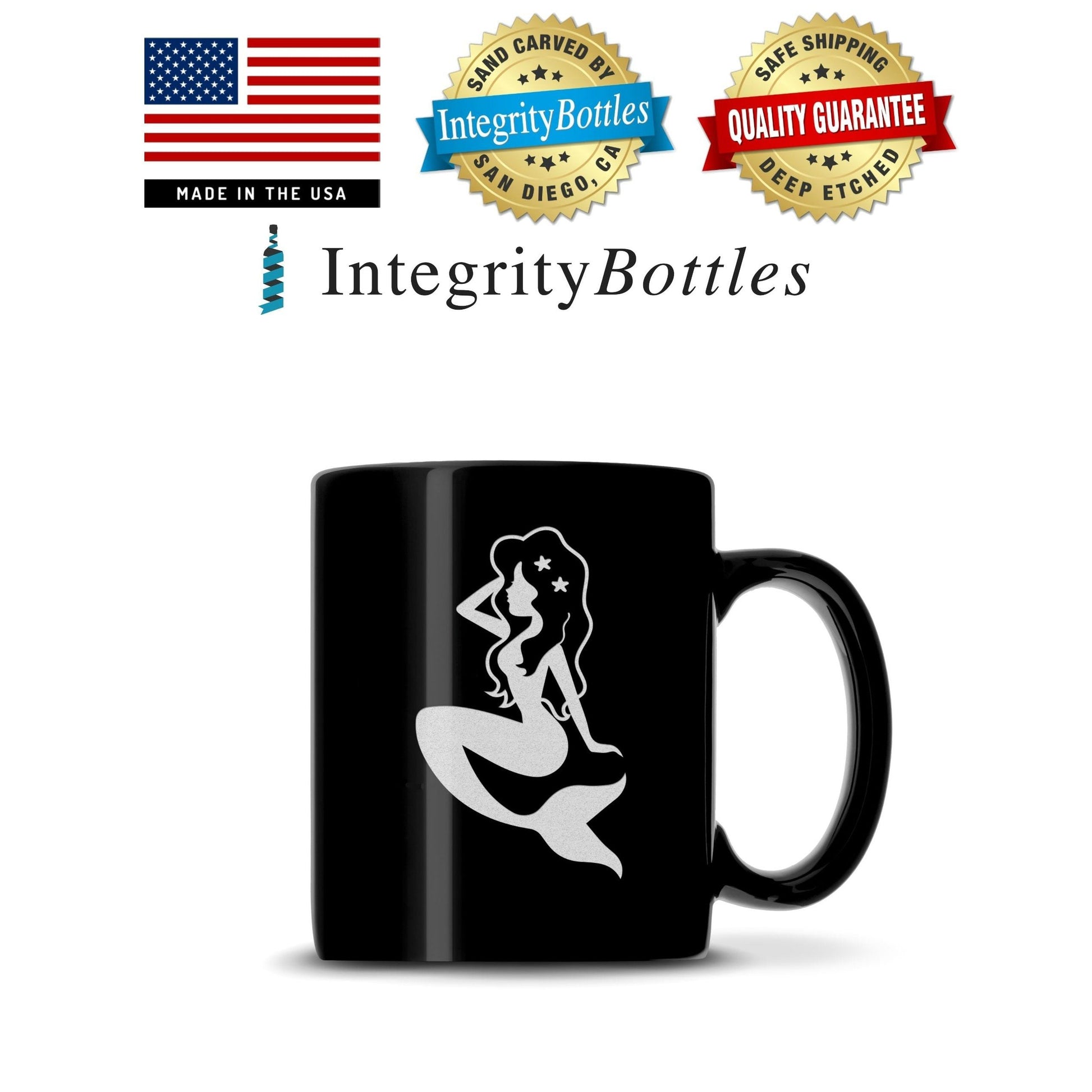 Black Coffee Mug with Mermaid Design, Deep Etched by Integrity Bottles