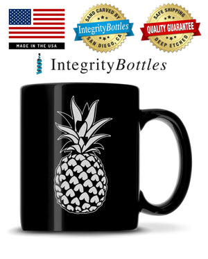 Black Coffee Mug with Pineapple Design, Deep Etched by Integrity Bottles