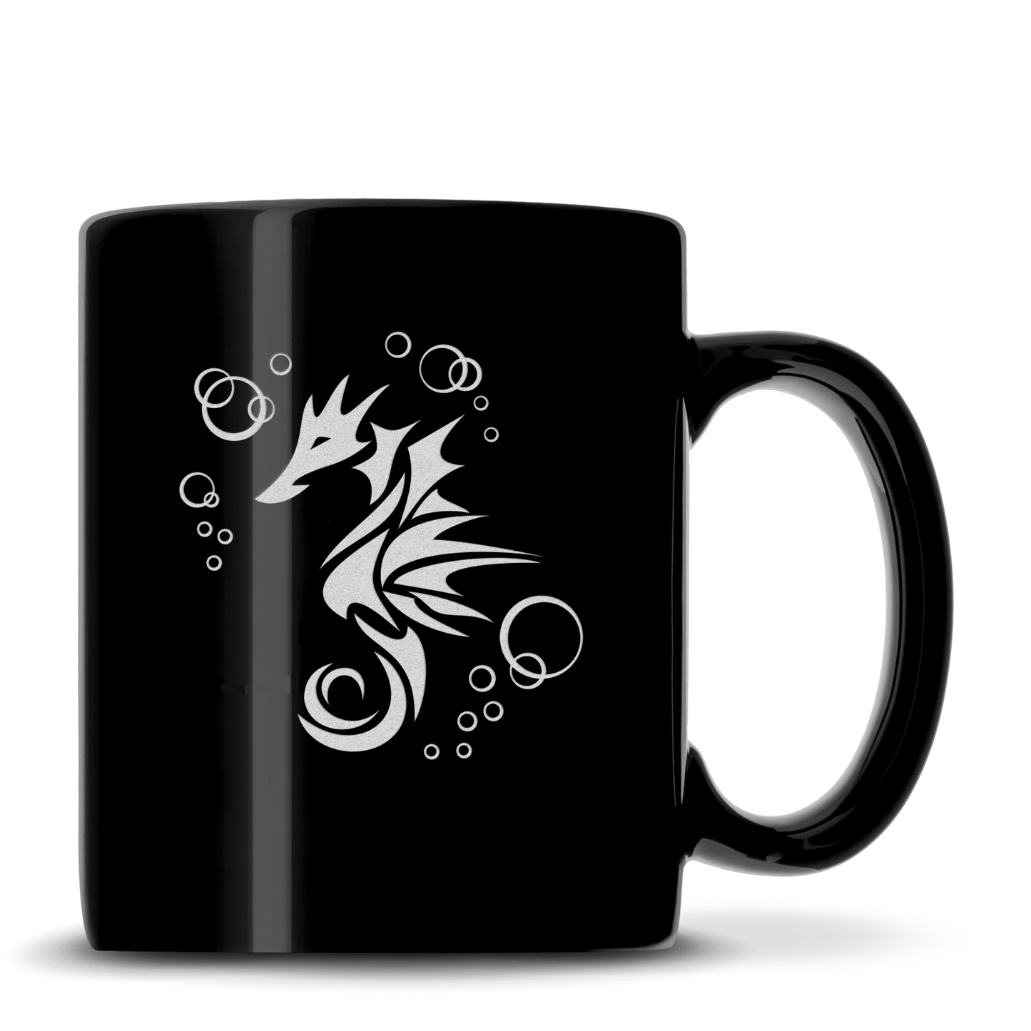 Black Coffee Mug with Seahorse Design, Deep Etched by Integrity Bottles