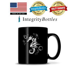 Black Coffee Mug with Seahorse Design, Deep Etched by Integrity Bottles
