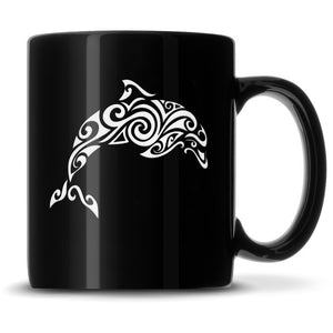 Black Coffee Mug with Tribal Dolphin, Deep Etched by Integrity Bottles