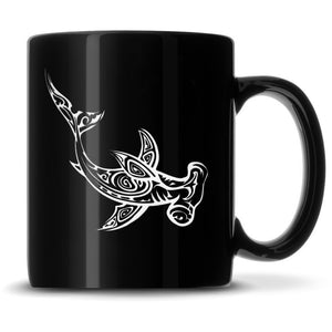 Black Coffee Mug with Tribal Hammerhead Shark, Deep Etched by Integrity Bottles