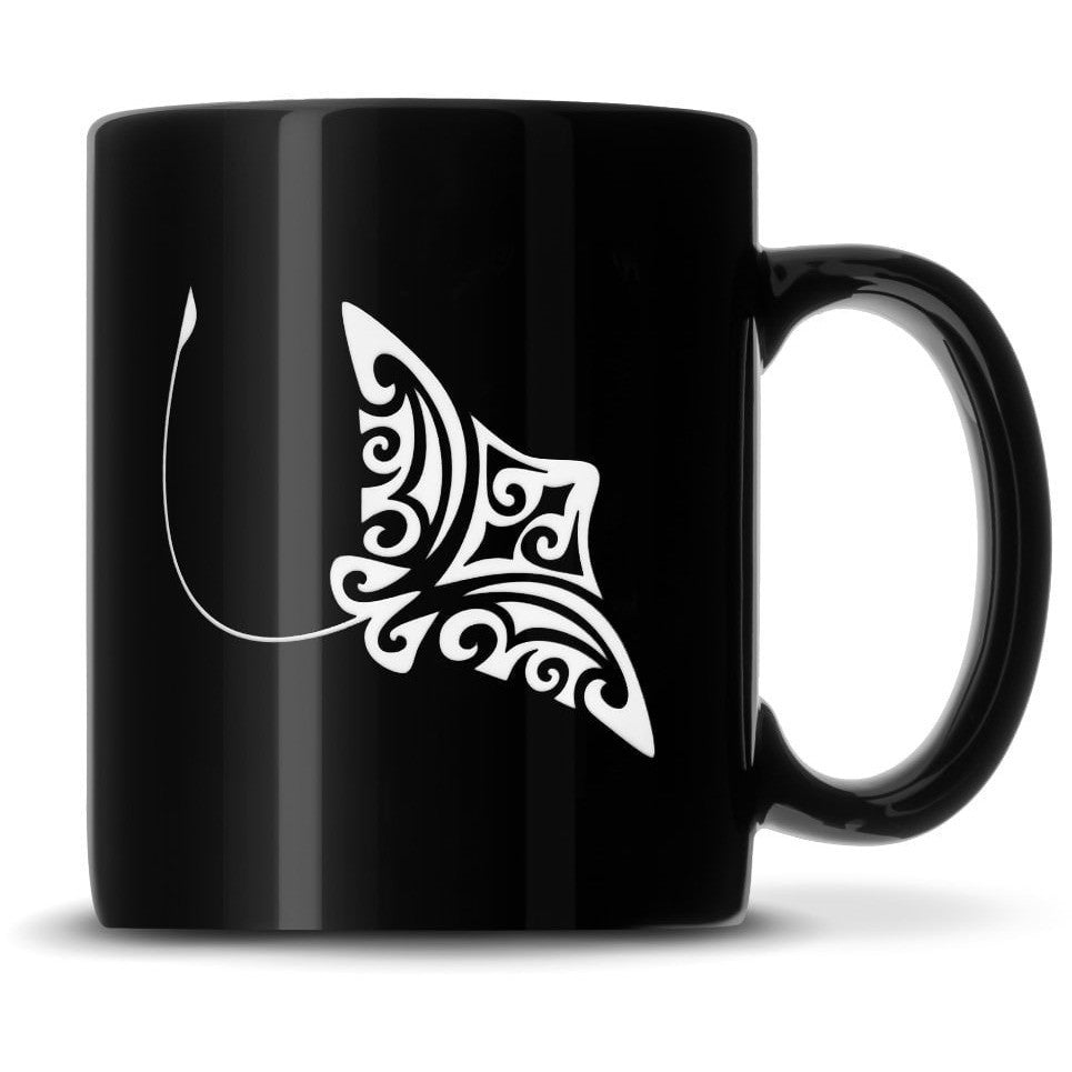 Black Coffee Mug with Tribal Hammerhead Shark, Deep Etched by Integrity Bottles
