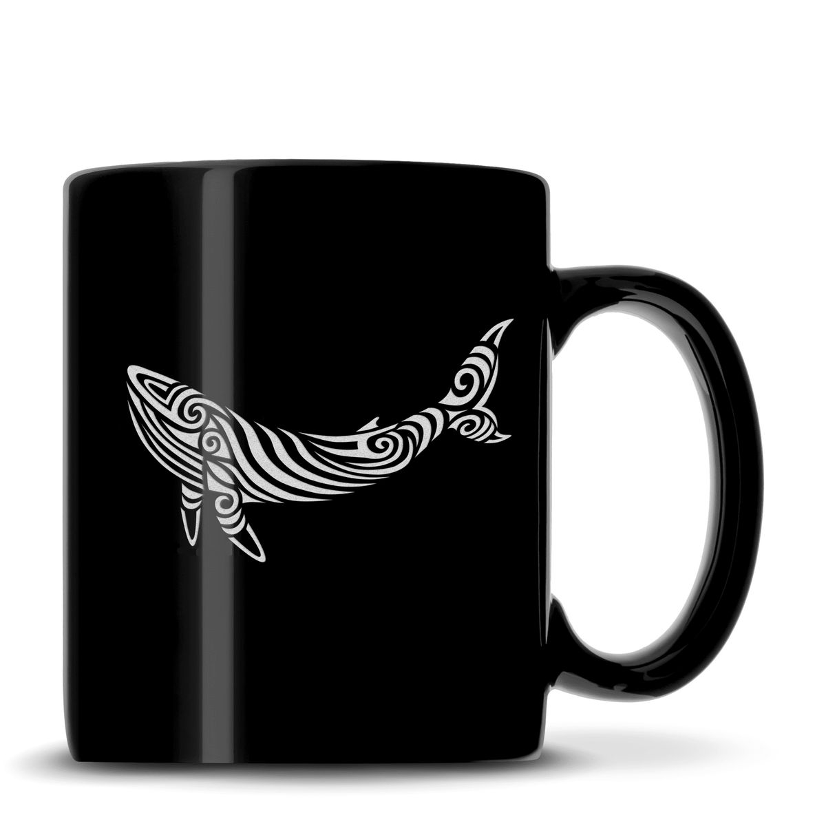 Black Coffee Mug with Tribal Whale Design, Deep Etched by Integrity Bottles