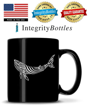 Black Coffee Mug with Tribal Whale Design, Deep Etched by Integrity Bottles