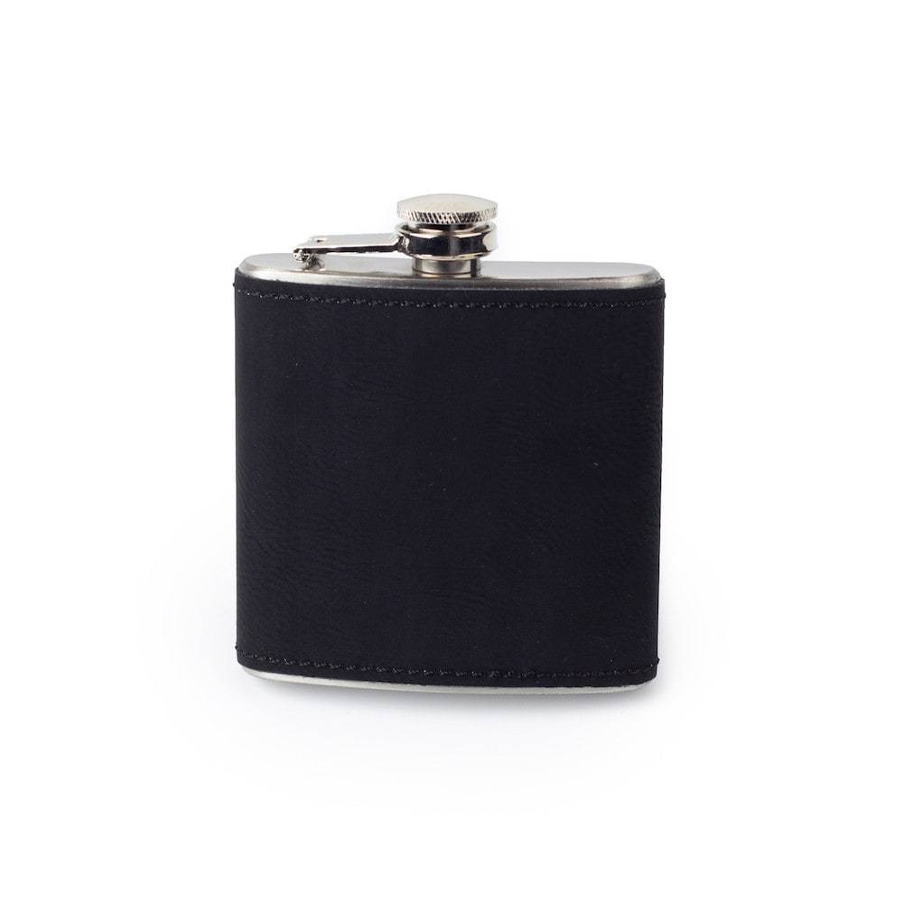 Black Custom Etched Saddle Leather Flask, 6 Ounce Integrity Bottles