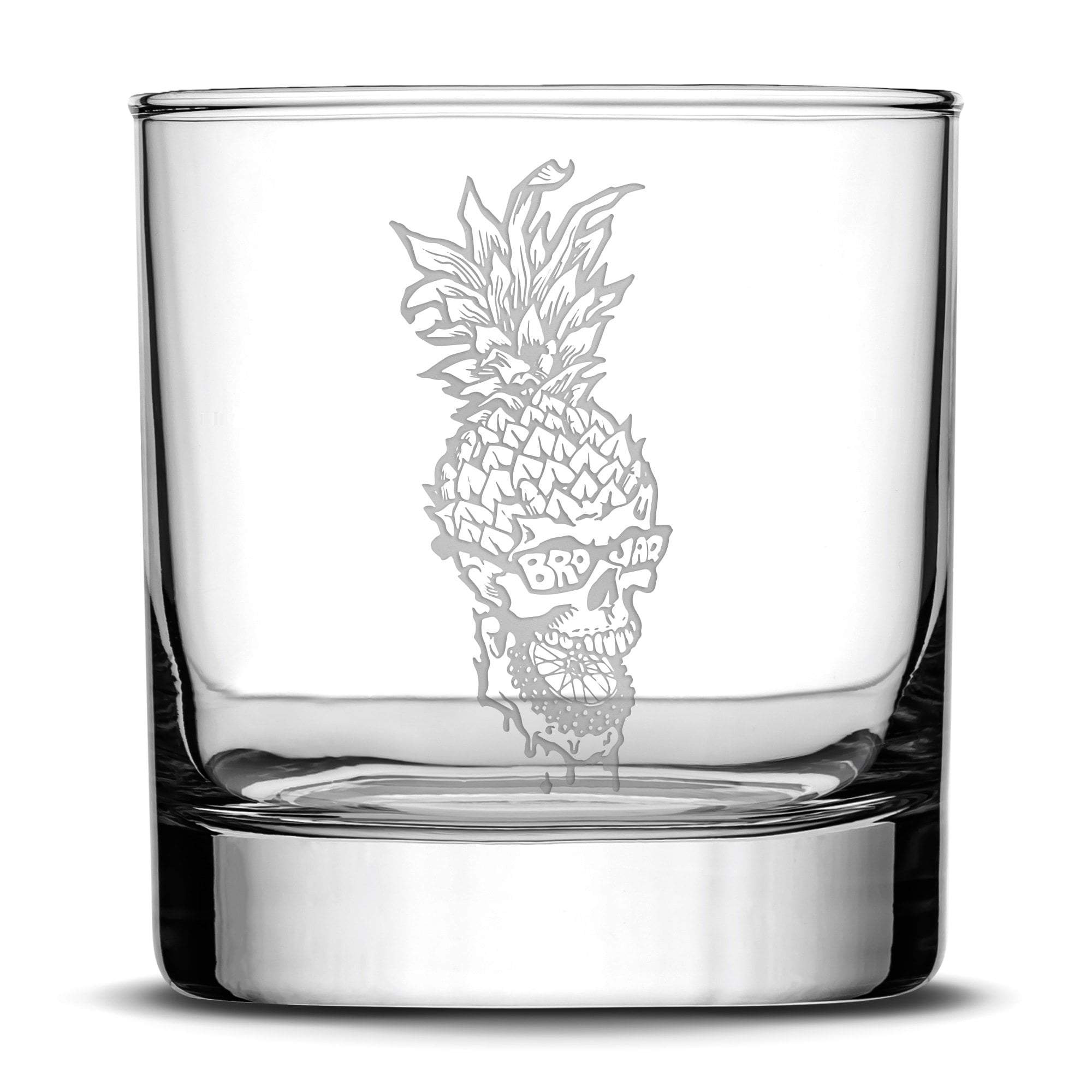 Brojaq Whiskey Glass, Pineapple Skull, 11oz, Laser Etched or Hand Etched