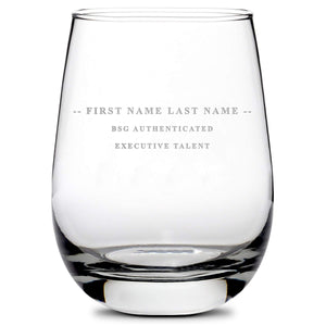 Custom BSG Stemless Wine Glass, Boston Search Group, Laser Etched or Hand Etched