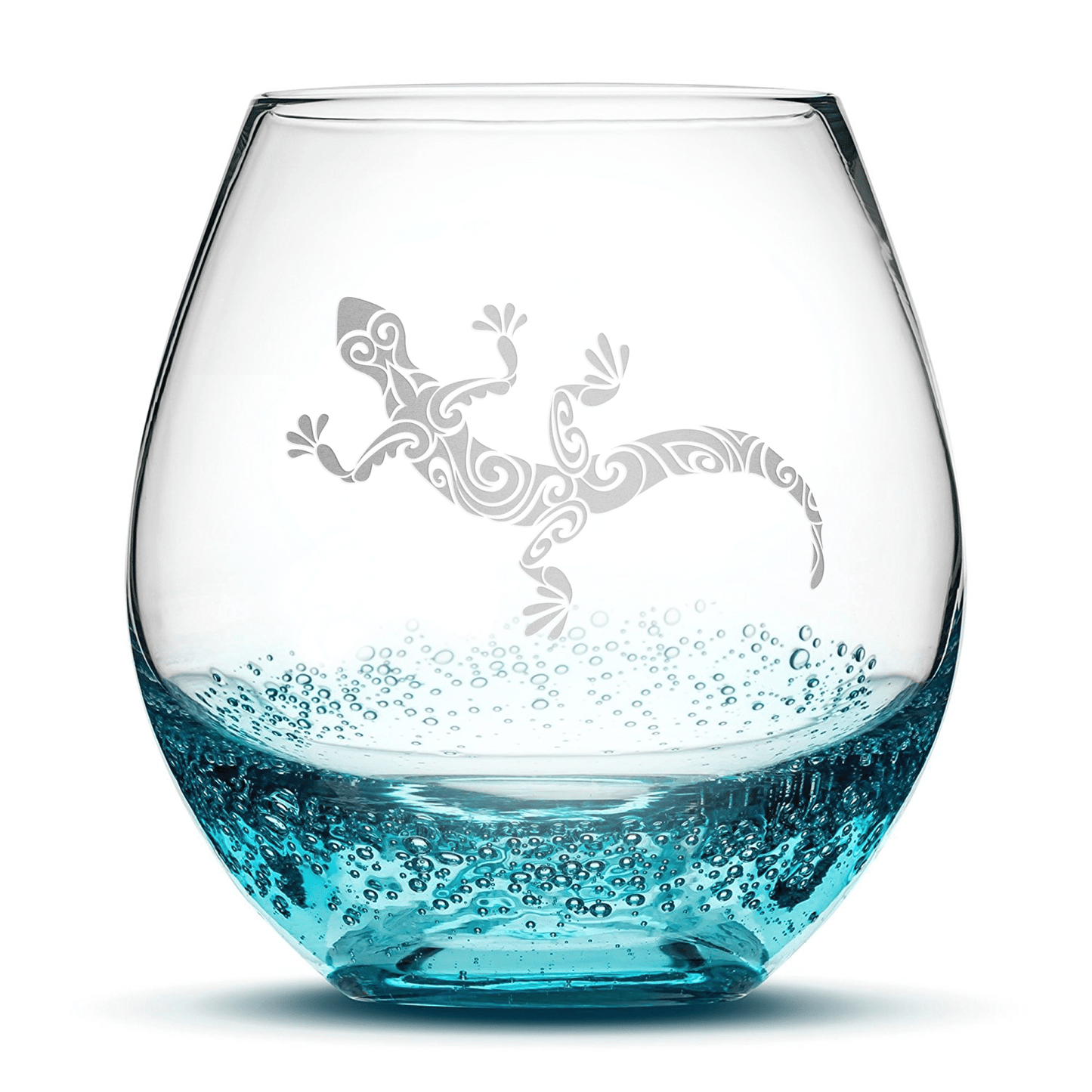 Bubble Wine Glass with Gecko Design, Hand Etched by Integrity Bottles