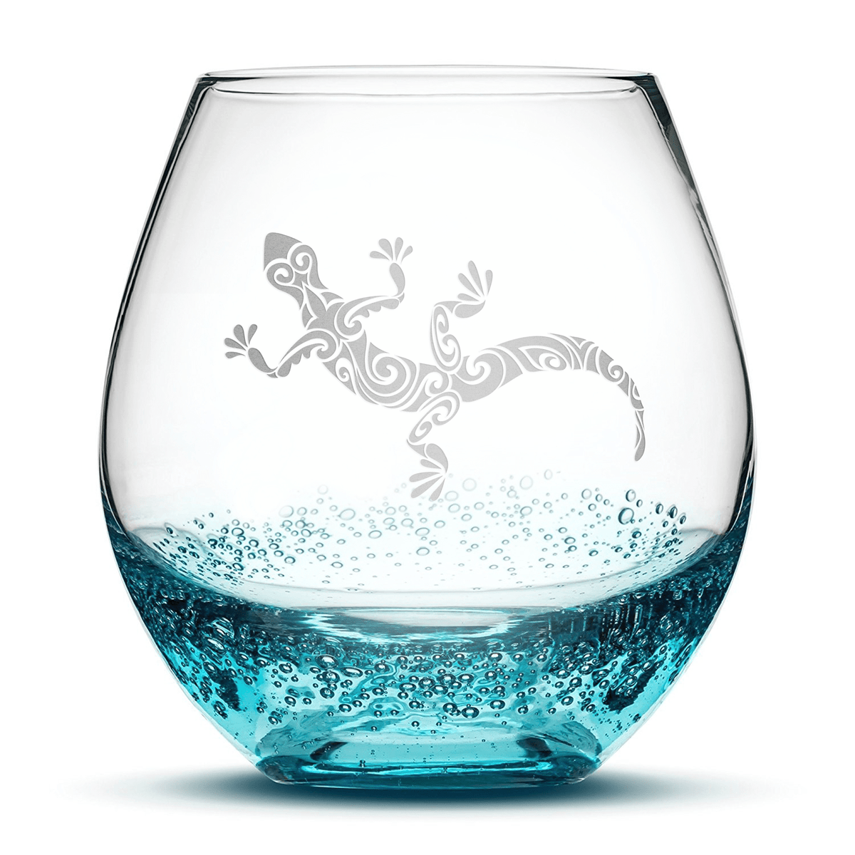Bubble Wine Glass with Gecko Design, Hand Etched by Integrity Bottles