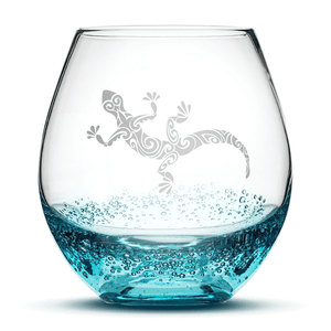 Bubble Wine Glass with Gecko Design, Hand Etched by Integrity Bottles
