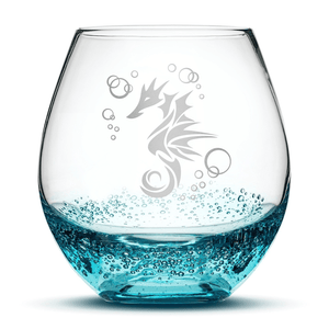 Bubble Wine Glass with Seahorse Design, Hand Etched by Integrity Bottles