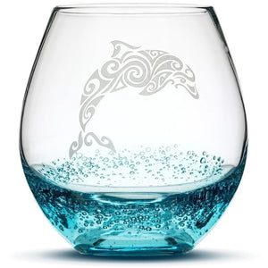 Bubble Wine Glass with Tribal Dolphin Design, Hand Etched by Integrity Bottles