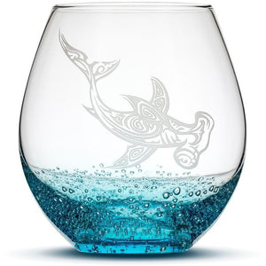 Bubble Wine Glass with Tribal Hammerhead Shark Design, Hand Etched by Integrity Bottles