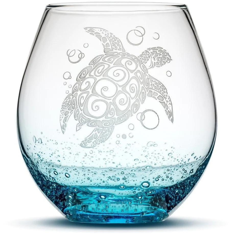 Bubble Wine Glass with Tribal Sea Turtle Design, Hand Etched by Integrity Bottles