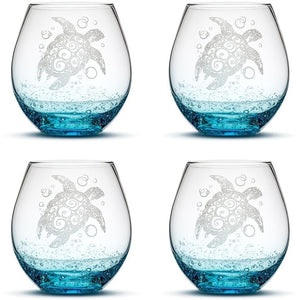 Bubble Wine Glass with Tribal Sea Turtle Design, Set of 4, Hand Etched by Integrity Bottles