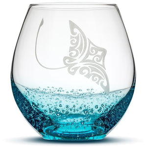 Bubble Wine Glass with Tribal Stingray Design, Hand Etched by Integrity Bottles