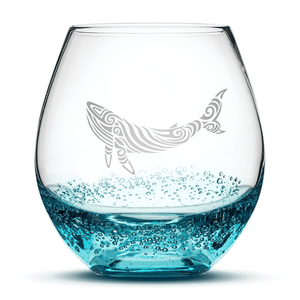 Bubble Wine Glass with Tribal Whale Design, Hand Etched by Integrity Bottles