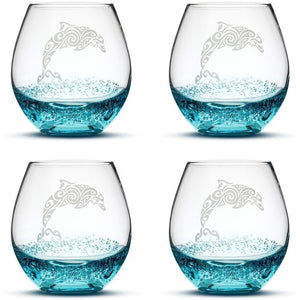 Bubble Wine Glasses with Tribal Dolphin, Set of 4, Hand Etched by Integrity Bottles