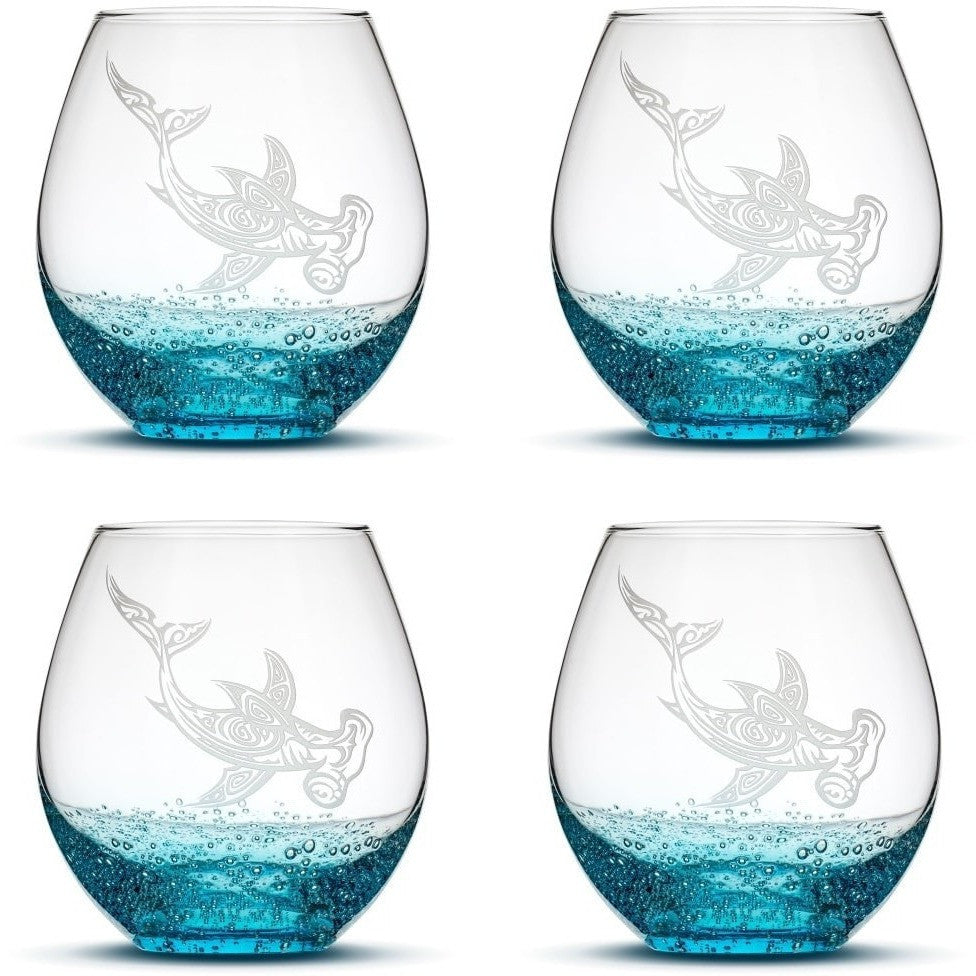 Bubble Wine Glasses with Tribal Hammerhead Shark, Set of 4, Hand Etched by Integrity Bottles
