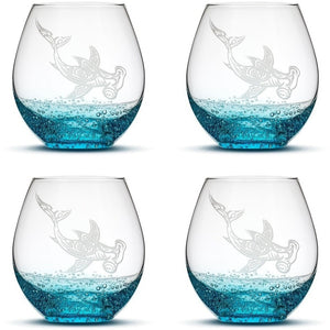 Bubble Wine Glasses with Tribal Hammerhead Shark, Set of 4, Hand Etched by Integrity Bottles