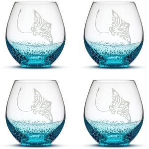 Bubble Wine Glasses with Tribal Stingray, Set of 4, Hand Etched by Integrity Bottles
