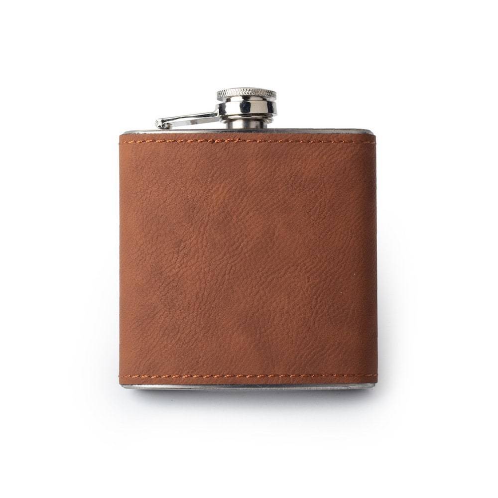 Chestnut Custom Etched Saddle Leather Flask, 6 Ounce Integrity Bottles