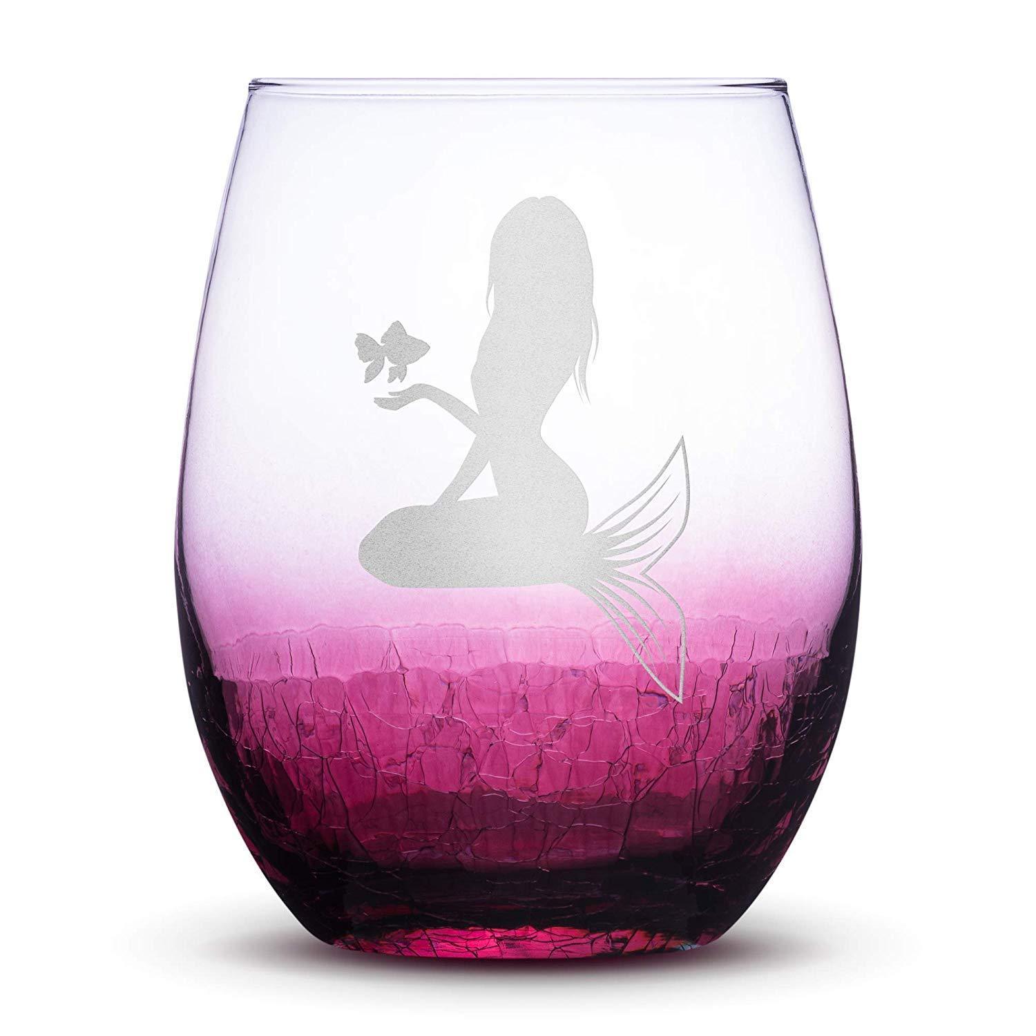 Crackle Light Red Wine Glass, Mermaid Kneeling Fish Design #5, Hand Etched, 16oz by Integrity Bottles