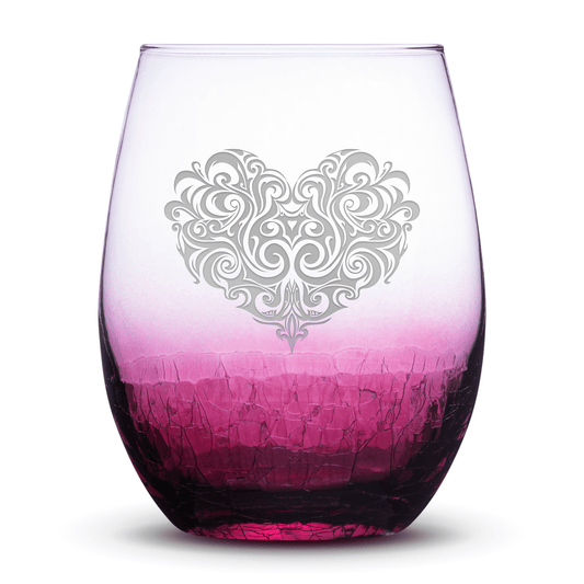 Crackle Raspberry Wine Glass, Tribal Heart Design, Hand Etched, 18oz by Integrity Bottles